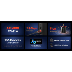 DOMOWY SYSTEM WI-FI MESH M3000(1-PACK)-BLACK Wi-Fi 6 2.4 GHz, 5 GHz, 574 Mb/s + 2402 Mb/s CUDY